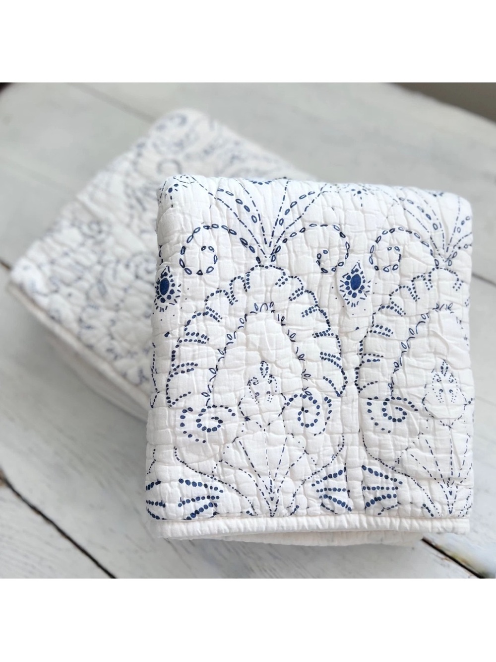 2 Pottery Barn Keller Stitch Quilted KING Pillow SHAMS White Blue Dot Scroll